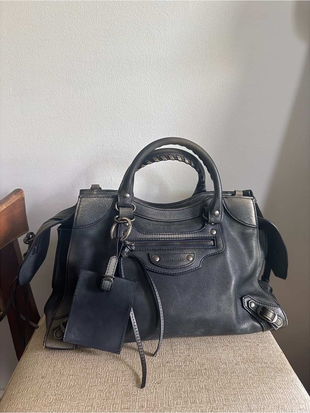 Balenciaga Neo Classic Distressed Charcoal Navy Leather Satchel Medium 13x8x5